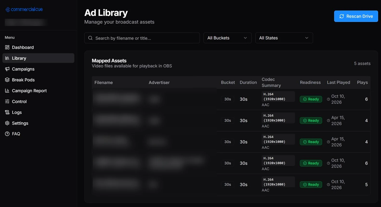 CommercialCue ad library with buckets, durations, codec summary, readiness and play counts