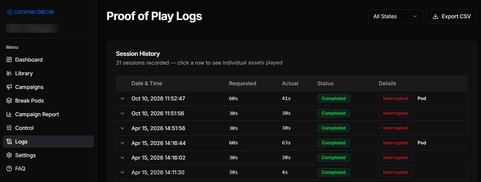 CommercialCue proof of play logs with requested and actual break lengths, status and an Export CSV button