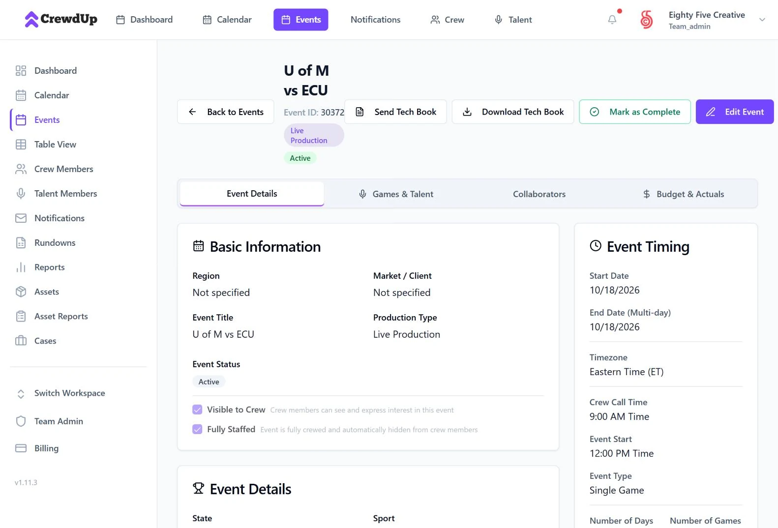 CrewdUp event detail page with tech book buttons, crew call time and event timing