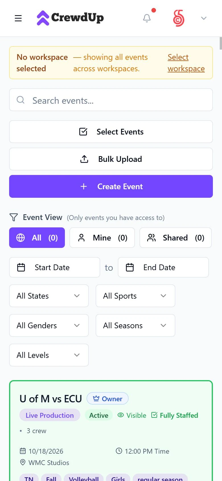 CrewdUp events list on a phone