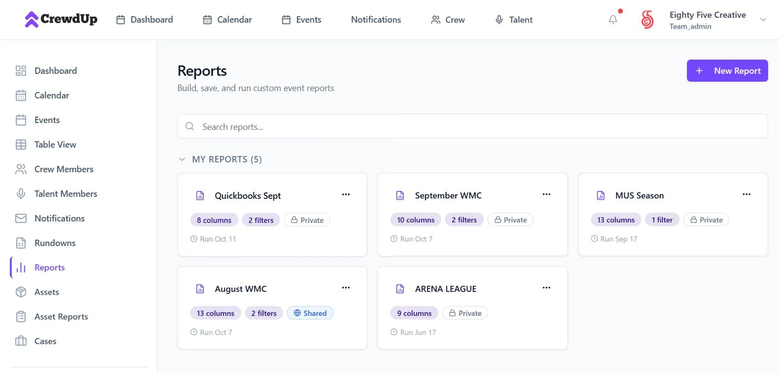 CrewdUp saved reports list