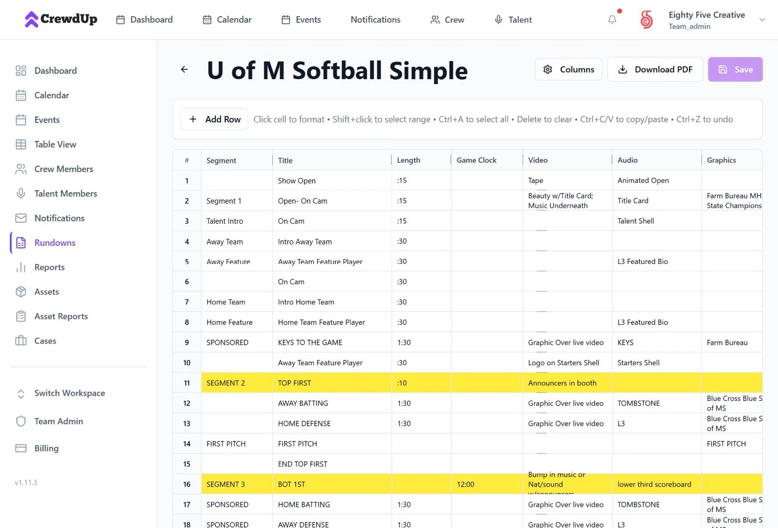 CrewdUp rundown editor with segments, lengths, game clock, video, audio and graphics columns
