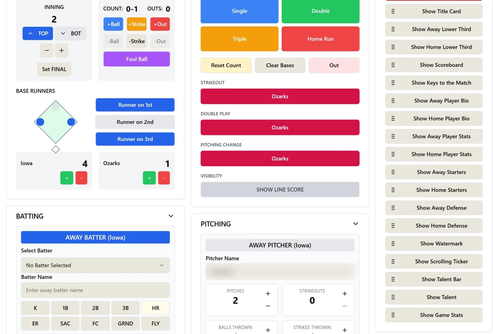 ScoreCastr batting results and pitch count controls