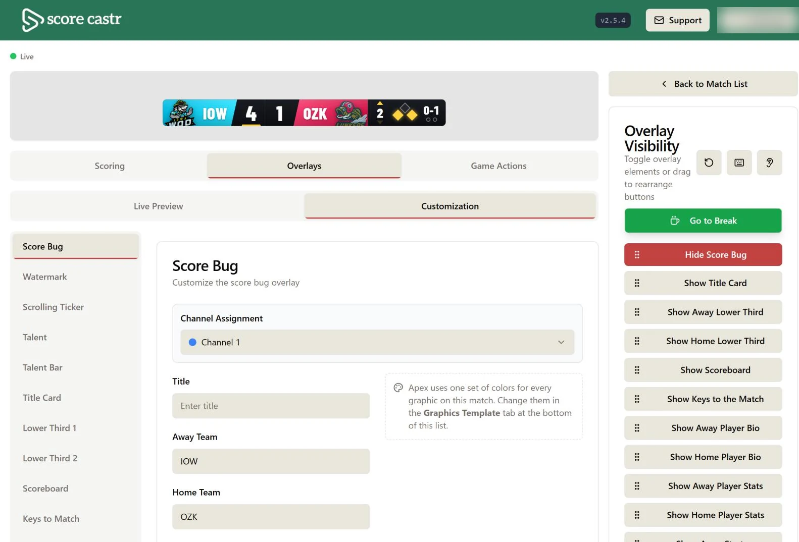 ScoreCastr overlay customization panel