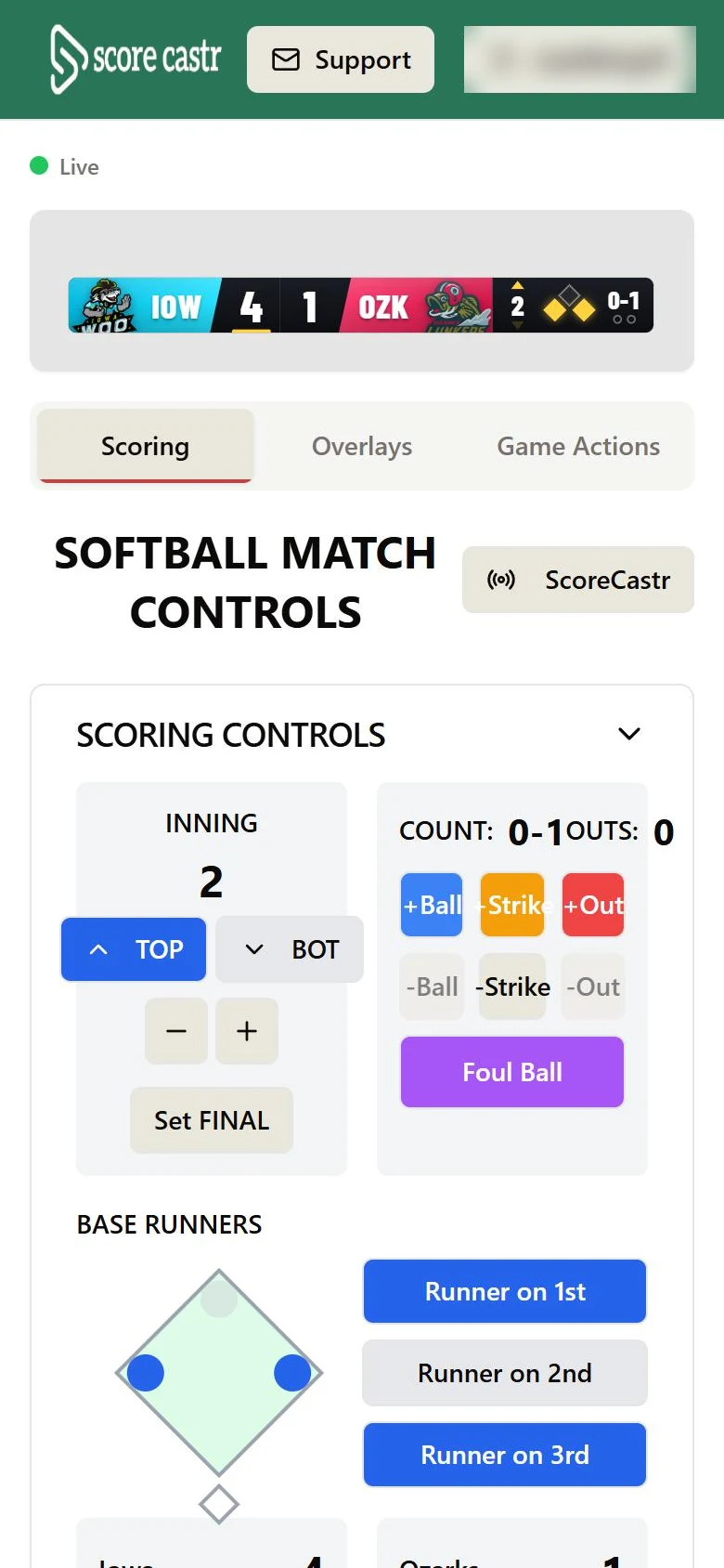 The same ScoreCastr softball dashboard on a phone