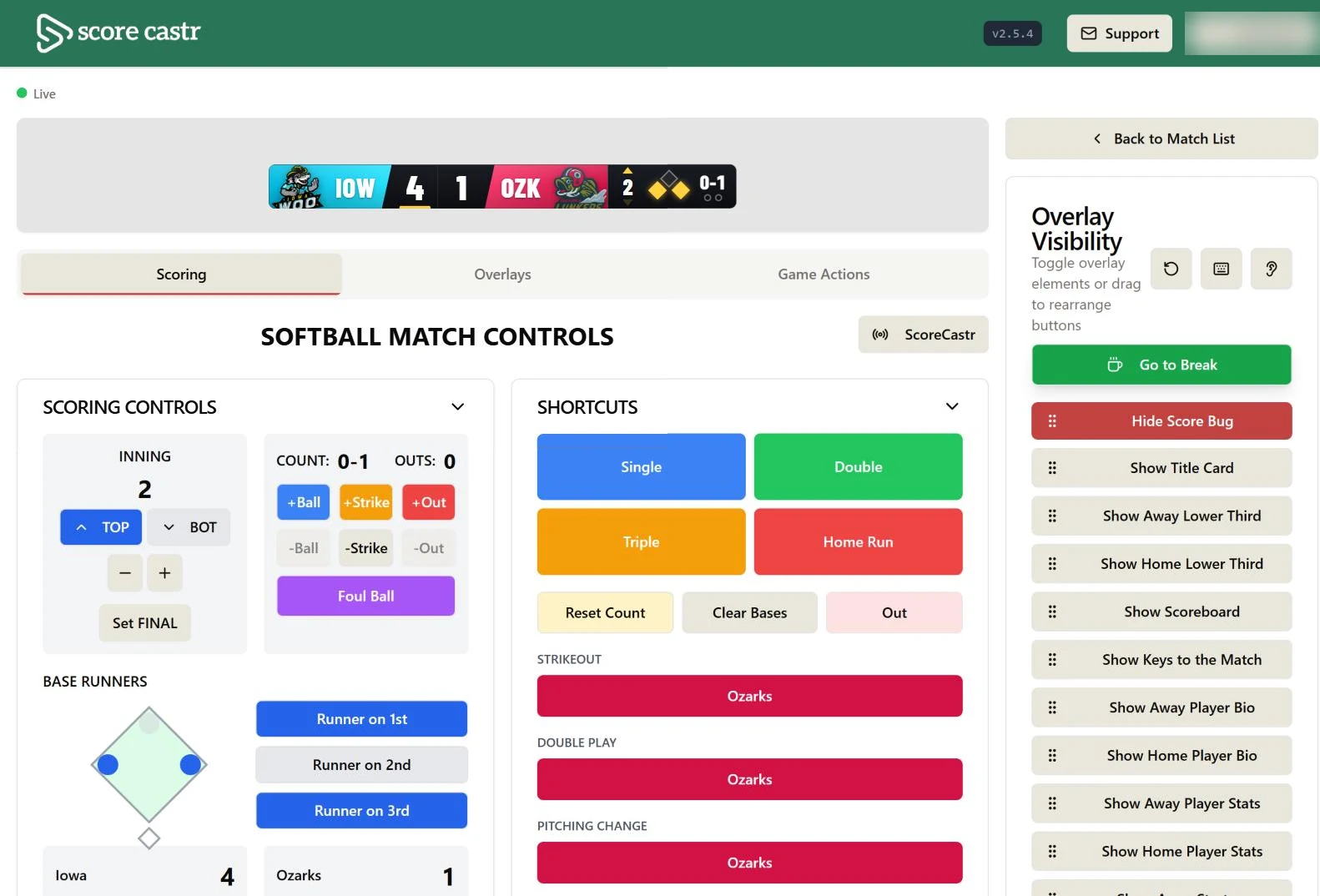 ScoreCastr softball control dashboard with inning, count, base runners, shortcuts and overlay visibility