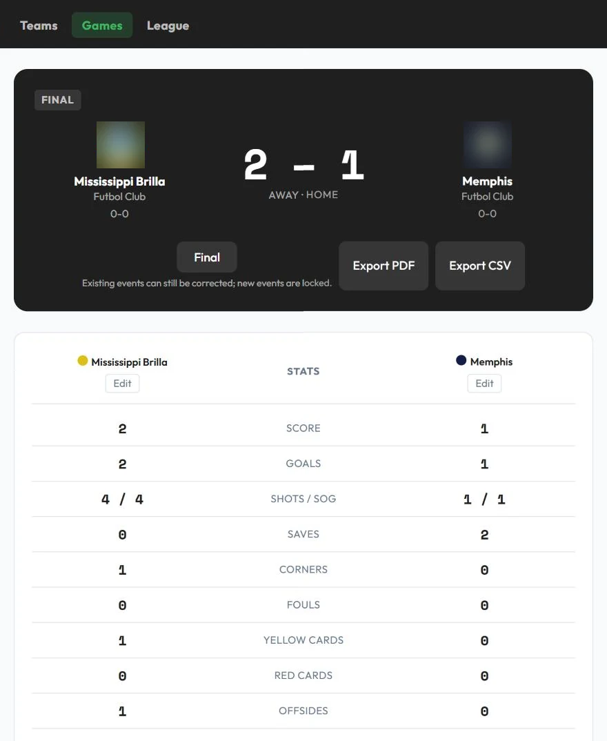 StatsCastr final soccer box score with team stats and export buttons