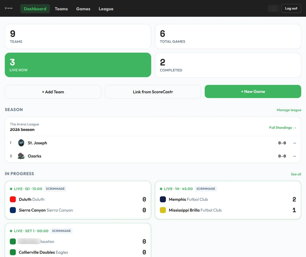 StatsCastr dashboard with team and game totals, season standings and live games