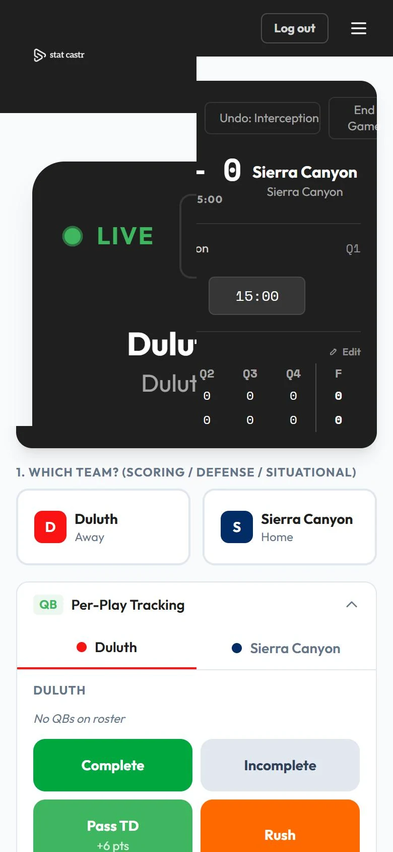 The StatsCastr live game page on a phone